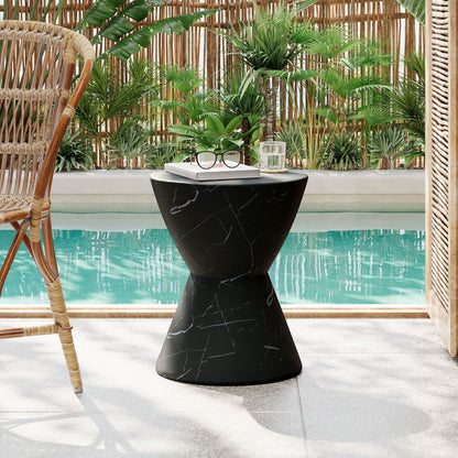 Outdoor Lightweight Concrete Side Table HouseOfZazla in black marble finish beside glasses on Tampa Home & Garden Store