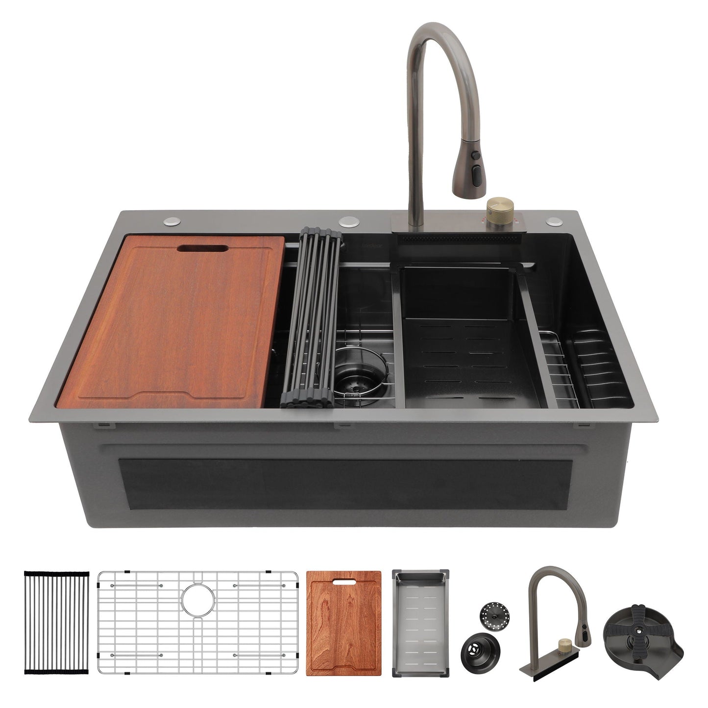 Brushed Waterfall Sink with Faucet and Cup Washer