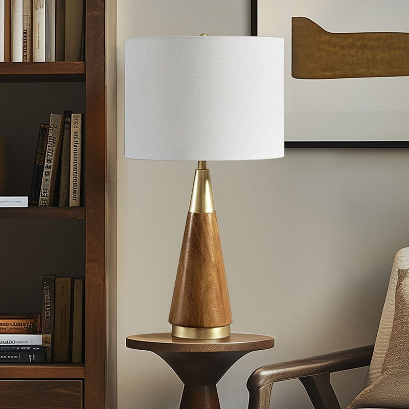 Triangular Table Lamp by HouseOfZazla with wooden conical base and white fabric shade on Tampa Home & Garden Store