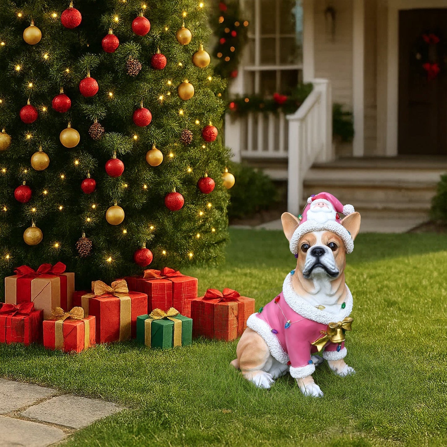Christmas French Bulldog Statue wearing pink festive coat with white fur trim by HouseOfZazla on Tampa Home & Garden Store