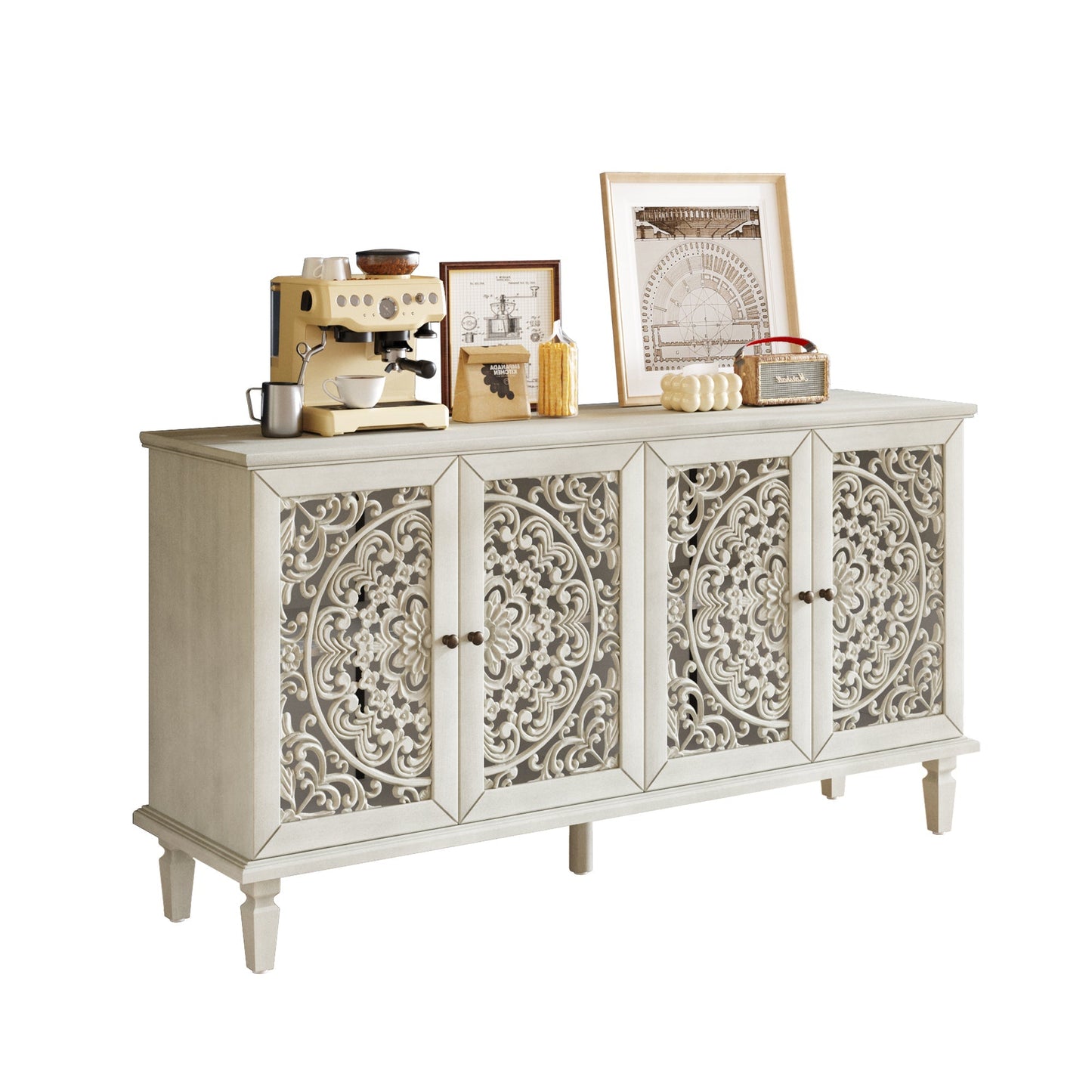60in antique buffet cabinet with floral carvings and solid wood legs, cream finish on Tampa Home & Garden Store
