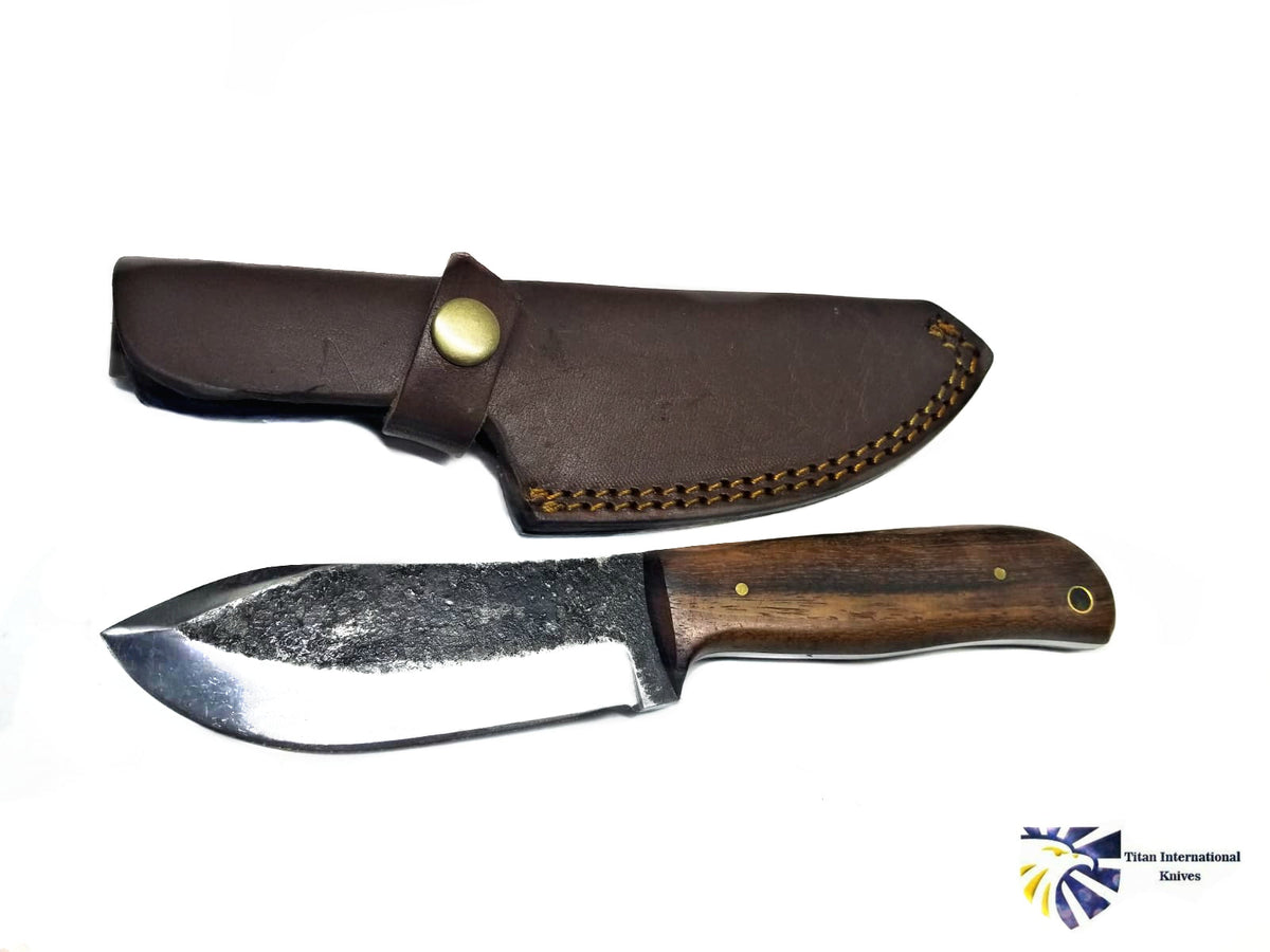 Puma Skinner hand forged carbon blade knife by Titan TC-016, brown wooden handle, brass pin on Tampa Home & Garden Store