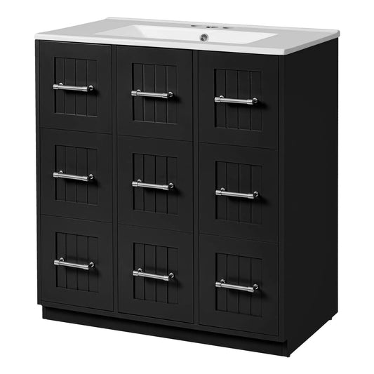 Bathroom vanity with undermount sink, black cabinet, chrome handles on Tampa Home & Garden Store