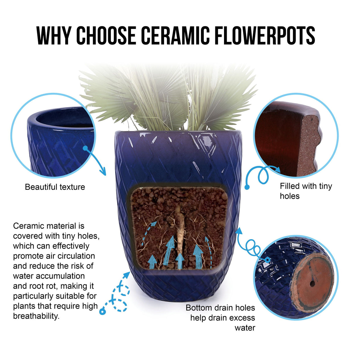 Blue ceramic planter with glossy finish and plant, drainage holes for patio on Tampa Home & Garden Store