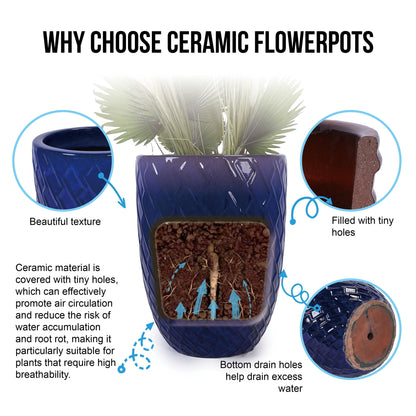 Blue ceramic planter with glossy finish and plant, drainage holes for patio on Tampa Home & Garden Store
