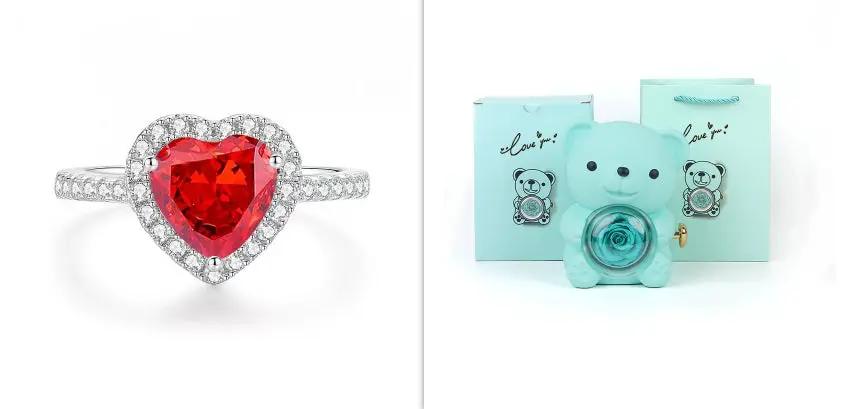 Two-piece set: heart red gemstone ring with diamond halo beside teal teddy bear rotate rose jewelry box on Tampa Home & Garden Store