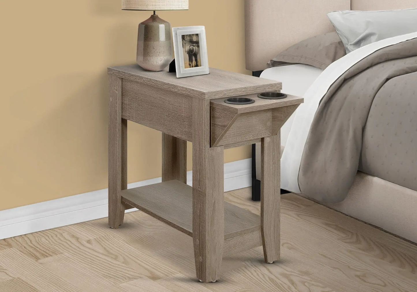 Accent Side Table in weathered gray wood with built-in storage and cup-holder shelf on Tampa Home & Garden Store