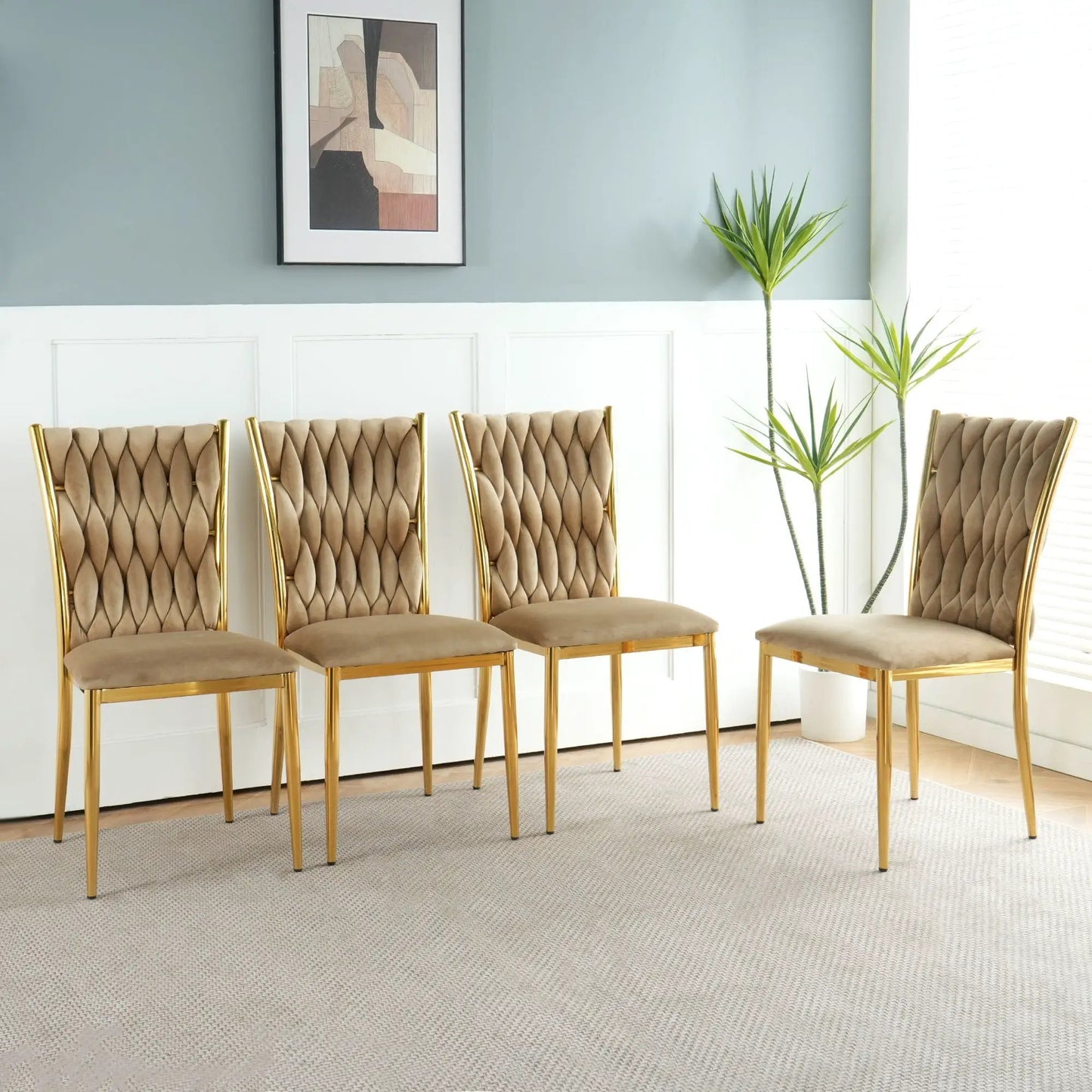 Modern dining chairs, six beige tufted with gold legs, in a light gray room on Tampa Home & Garden Store