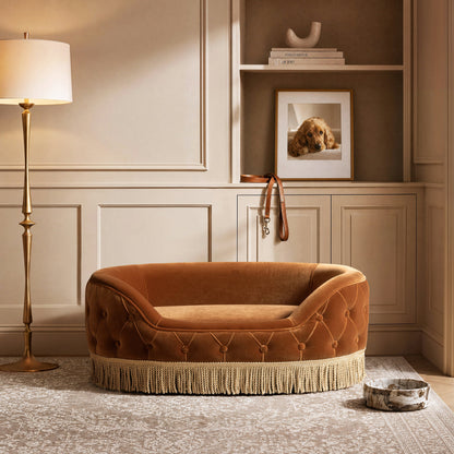 Monroe 33in Dog Sofa Bed Medium Burnt leather, round tufted bed with fringe trim on Tampa Home & Garden Store