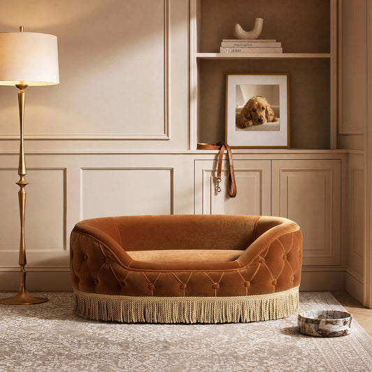 Monroe 33in Dog Sofa Bed Medium Burnt leather, round tufted bed with fringe trim on Tampa Home & Garden Store