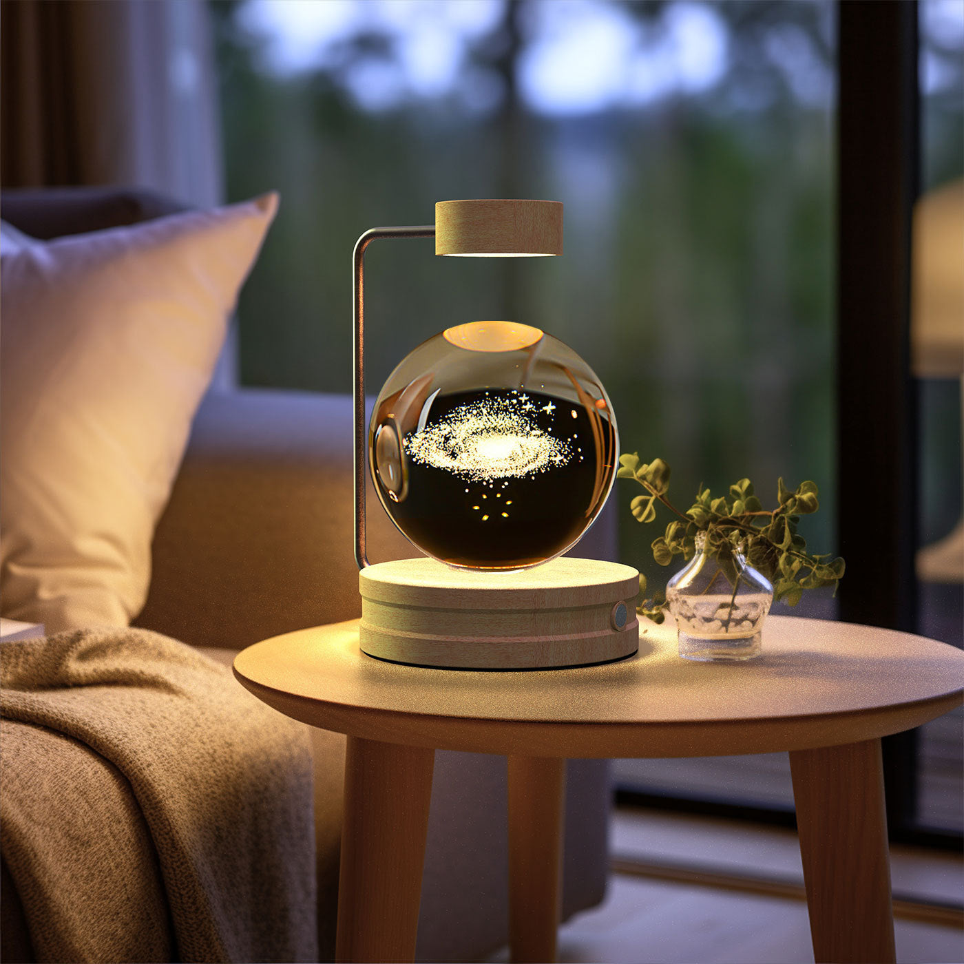 Crystal Ball Cosmic Dinosaur Night Light clear glass globe with glitter interior on wooden base on Tampa Home & Garden Store