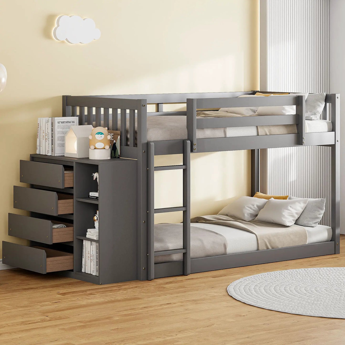 Bunk Bed With Four Drawers and Three Shelves
