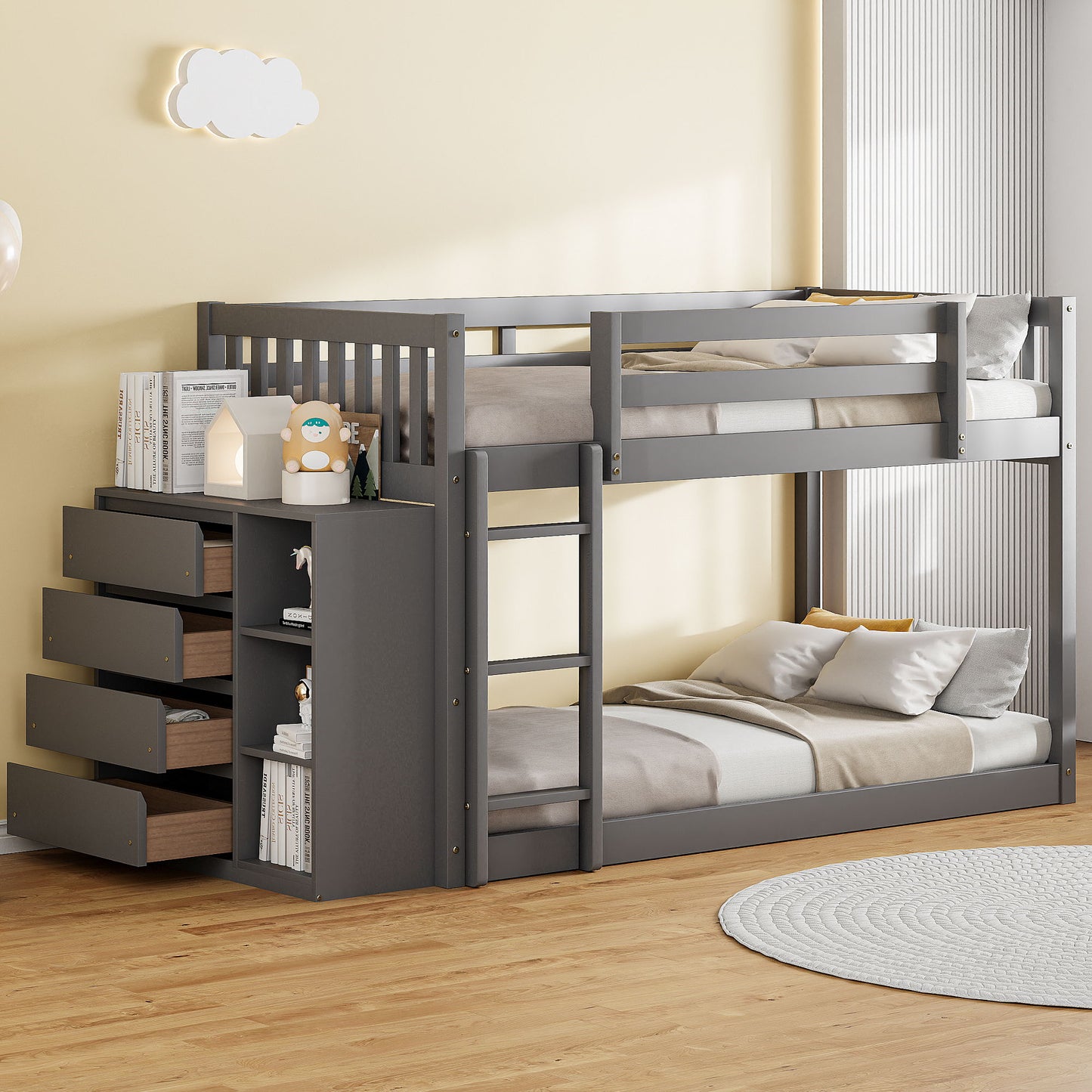 Solid Pine Bunk Bed with Drawers and Shelves