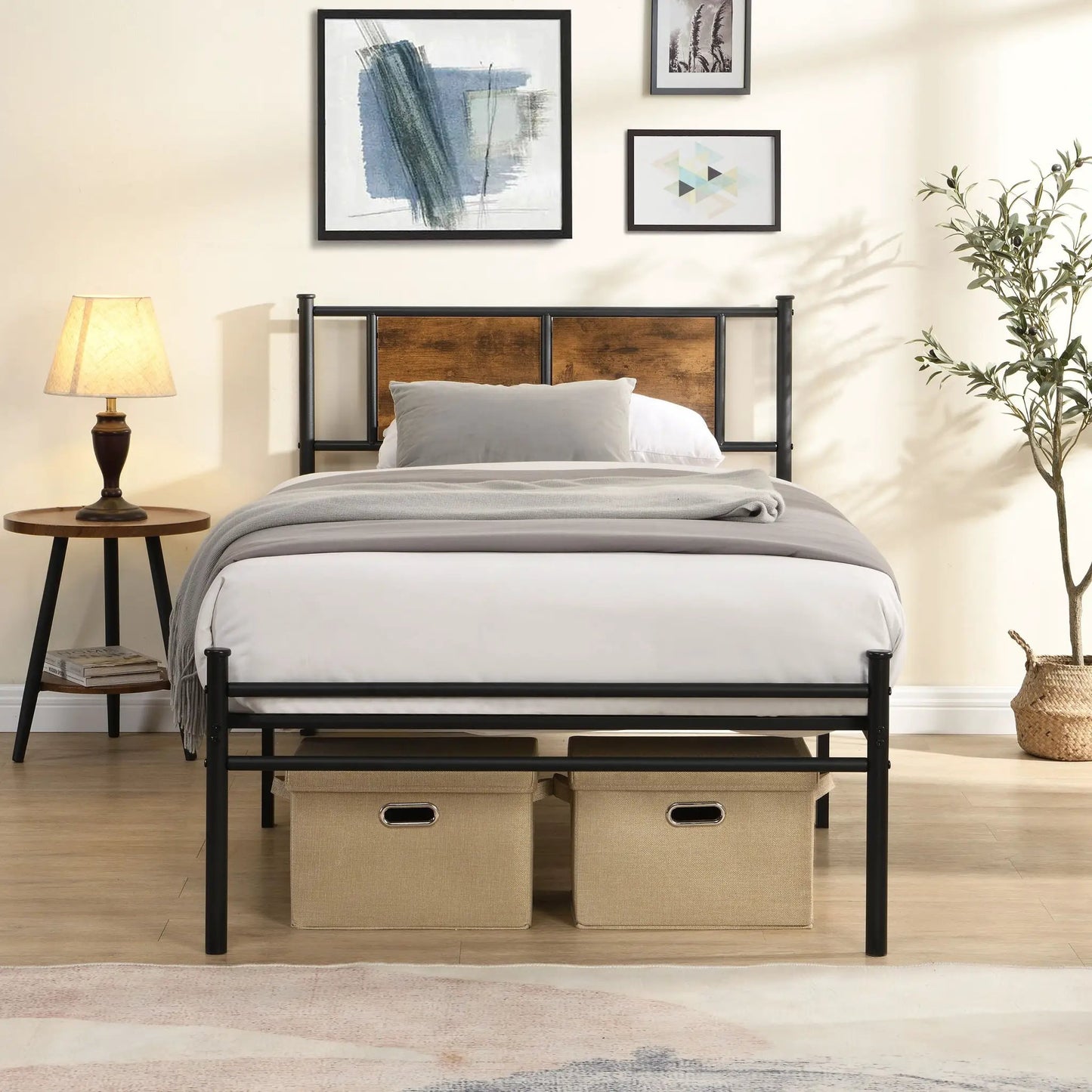 Modern metal bedframe with headboard, black steel frame and wood panels with underbed storage on Tampa Home & Garden Store