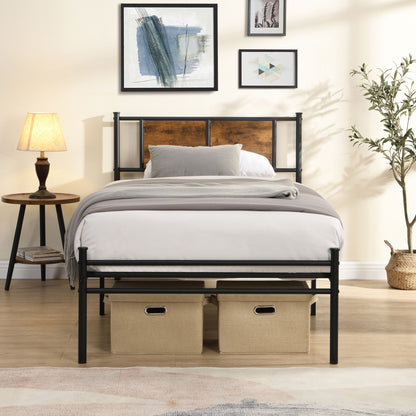 Modern metal bedframe with wood-panel headboard, black steel platform bed by HouseOfZazla on Tampa Home & Garden Store