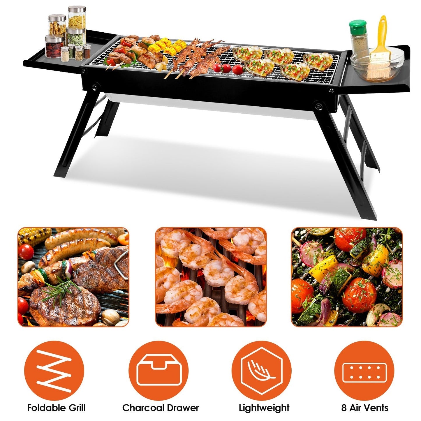GemGear foldable charcoal BBQ grill with shelf, black stainless steel, portable tabletop on Tampa Home & Garden Store