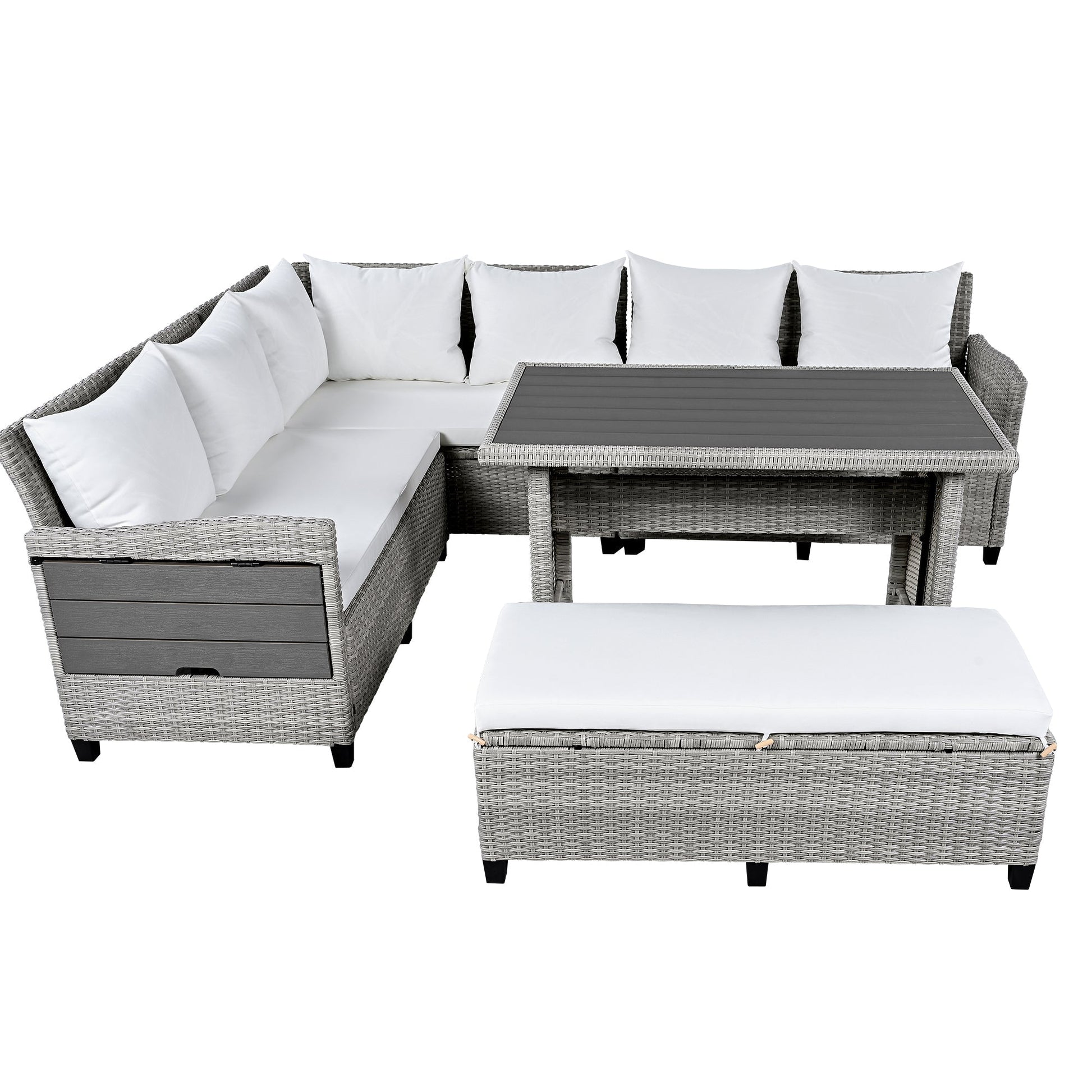 Tomax 5-Piece outdoor rattan sofa set gray wicker with white cushions by HouseOfZazla on Tampa Home & Garden Store