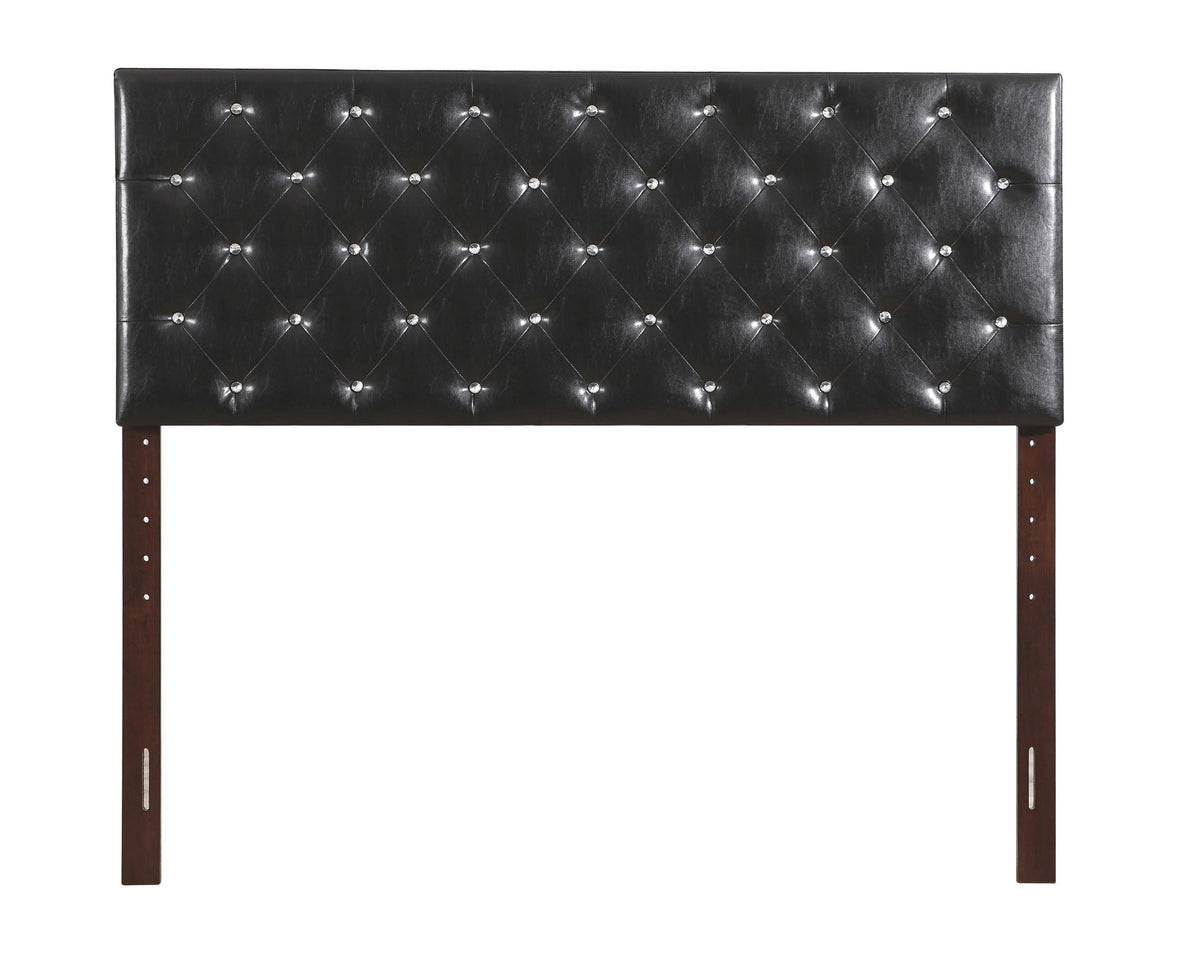 Upholstered headboard in black faux leather with diamond tufting and crystal buttons on Tampa Home & Garden Store