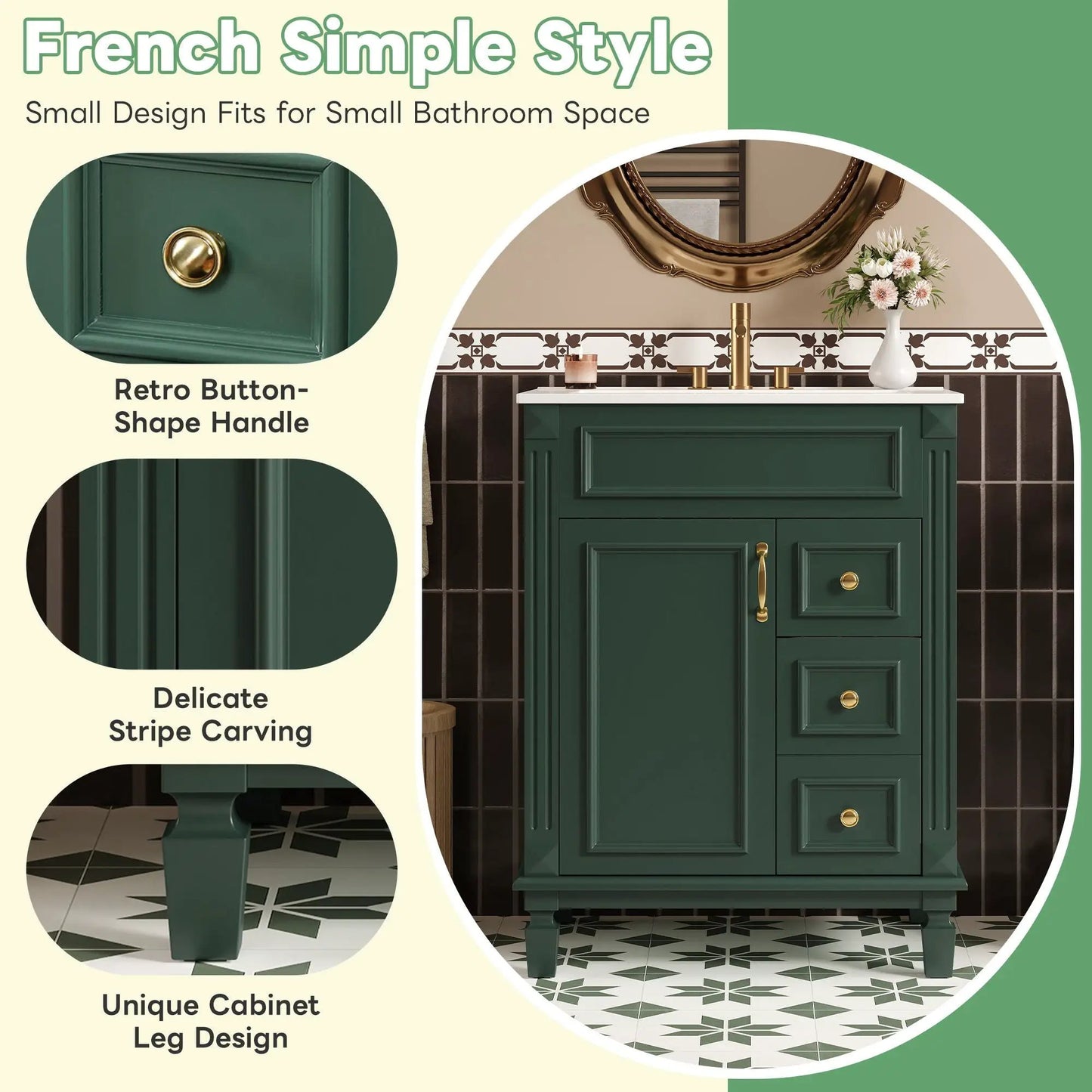 Bathroom vanity with sink, compact cabinet and 2 drawers, brass hardware by Unique Piece on Tampa Home & Garden Store