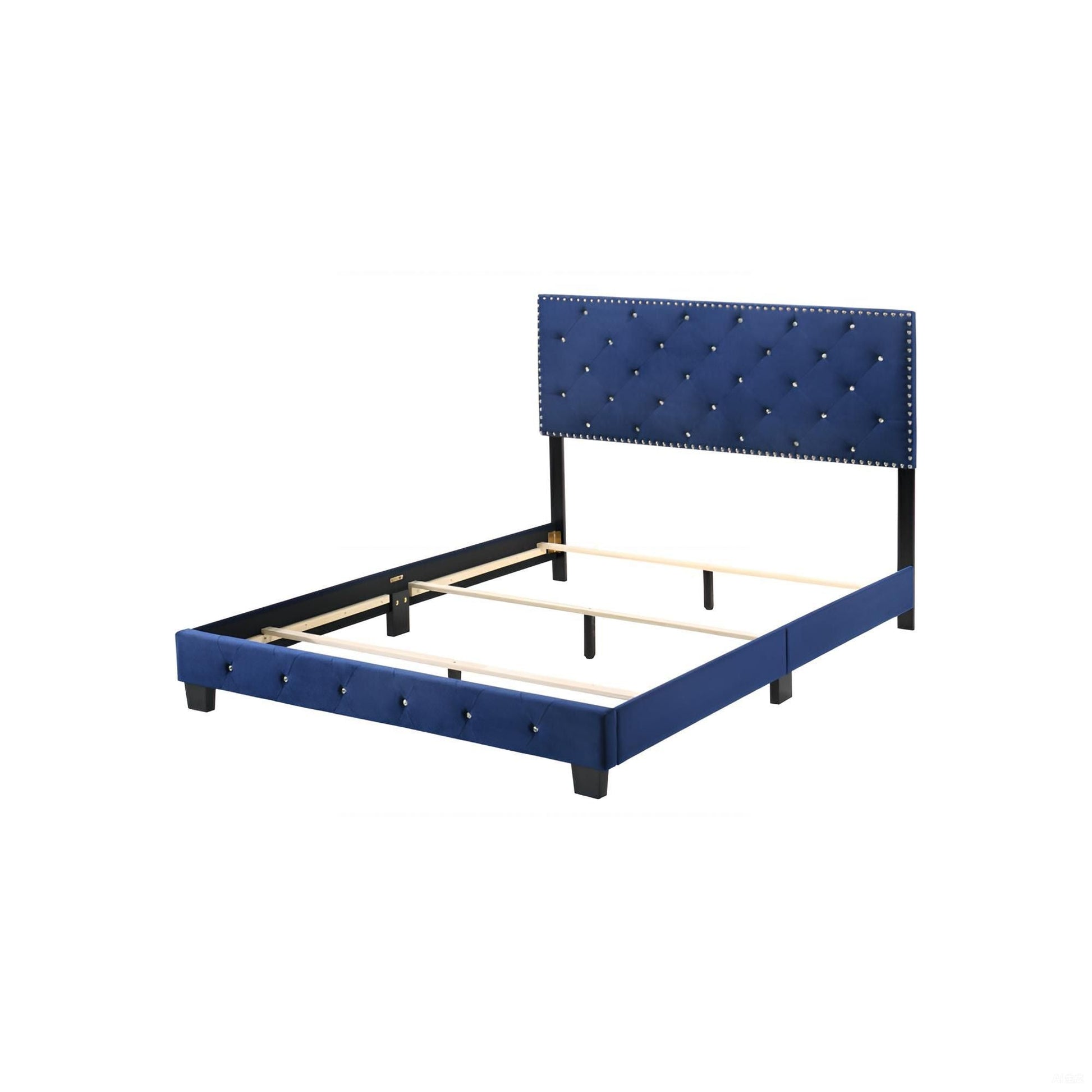 Luxurious upholstered bed with blue tufted headboard and nailhead trim on black legs on Tampa Home & Garden Store