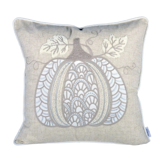 Lace Embroidered Pumpkin Throw Pillow natural linen with embroidery Unique Piece Furniture on Tampa Home & Garden Store