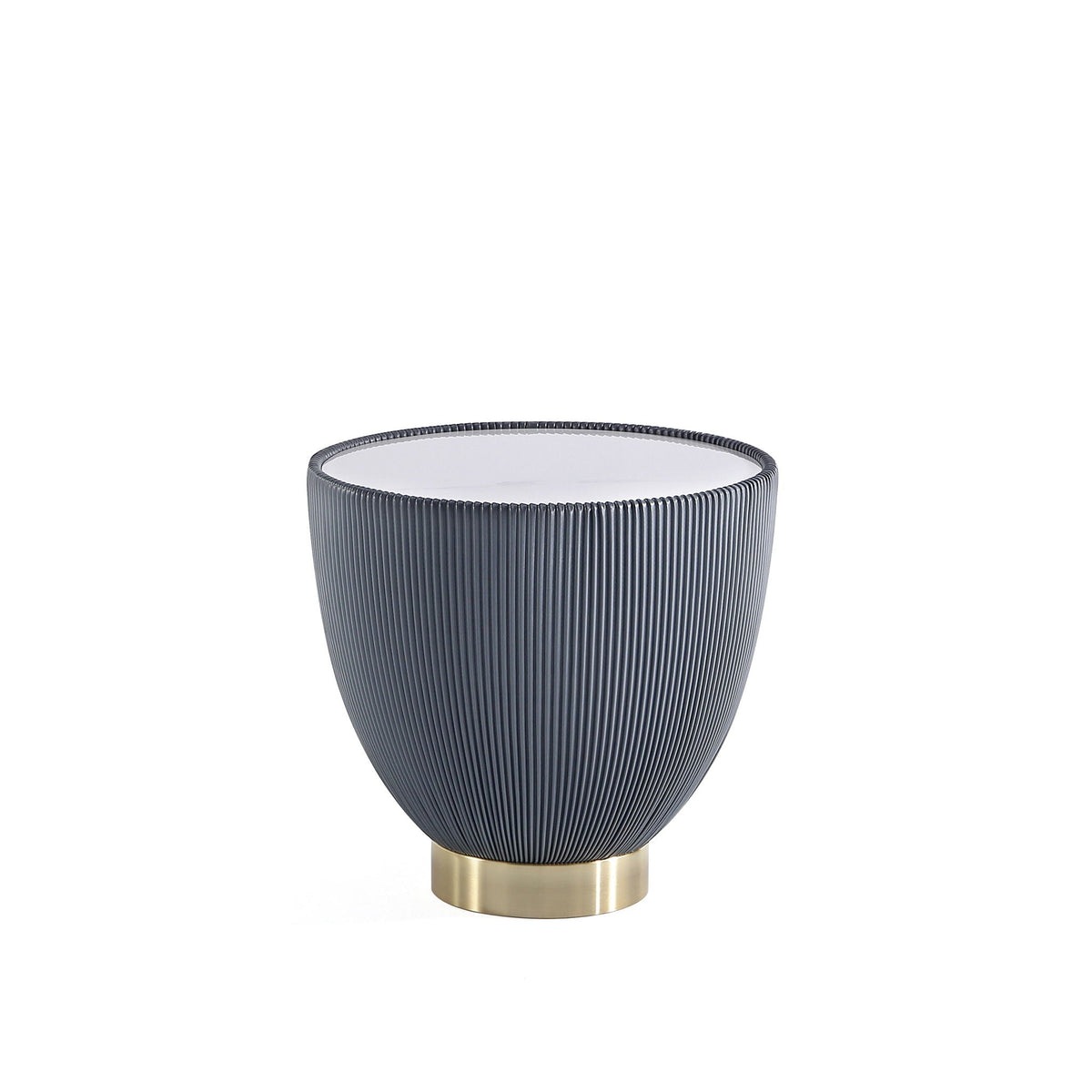 Upholstered end table with sintered stone top, dark navy ribbed body and brass base on Tampa Home & Garden Store