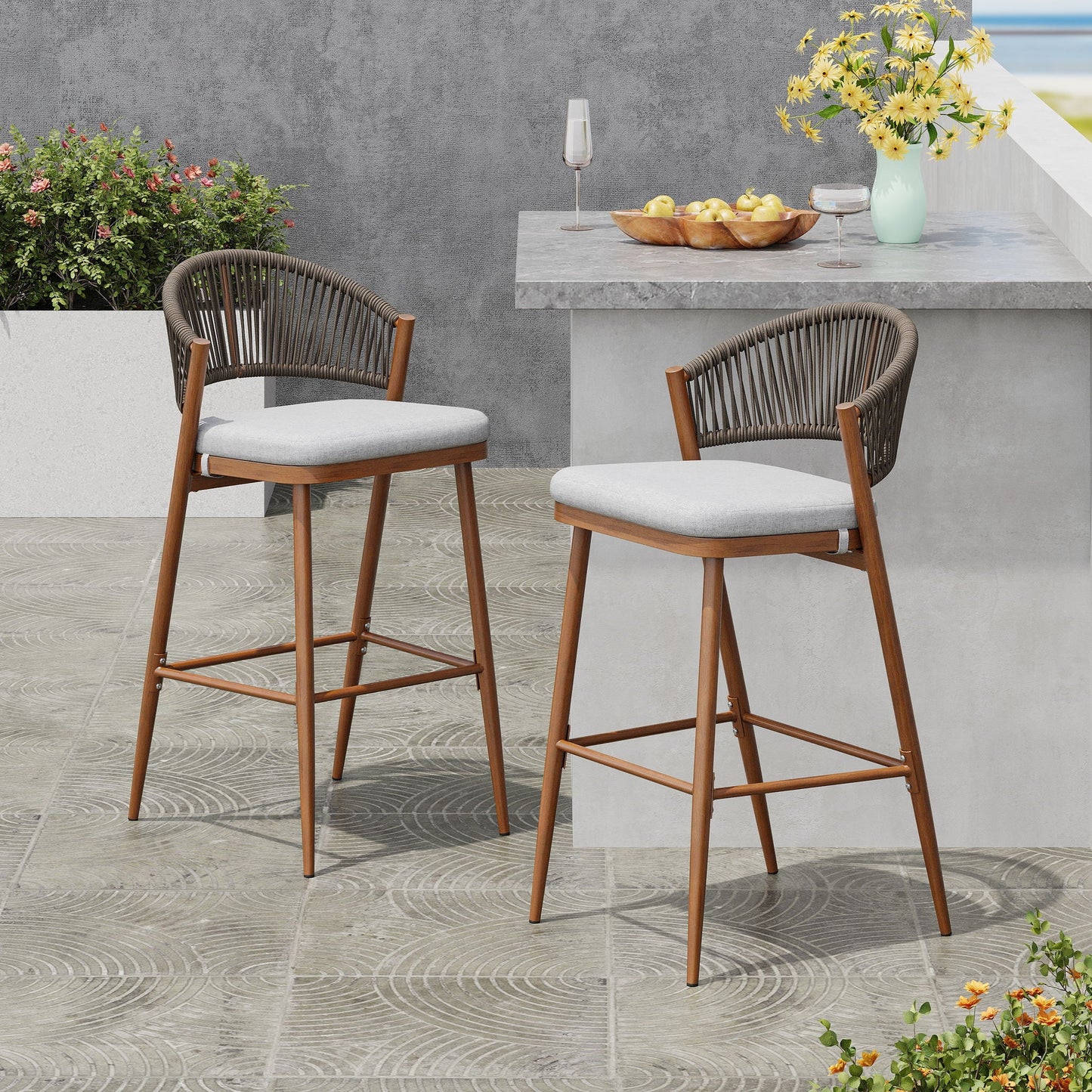 Outdoor Bar Stools With Scallop Cushion And Frame