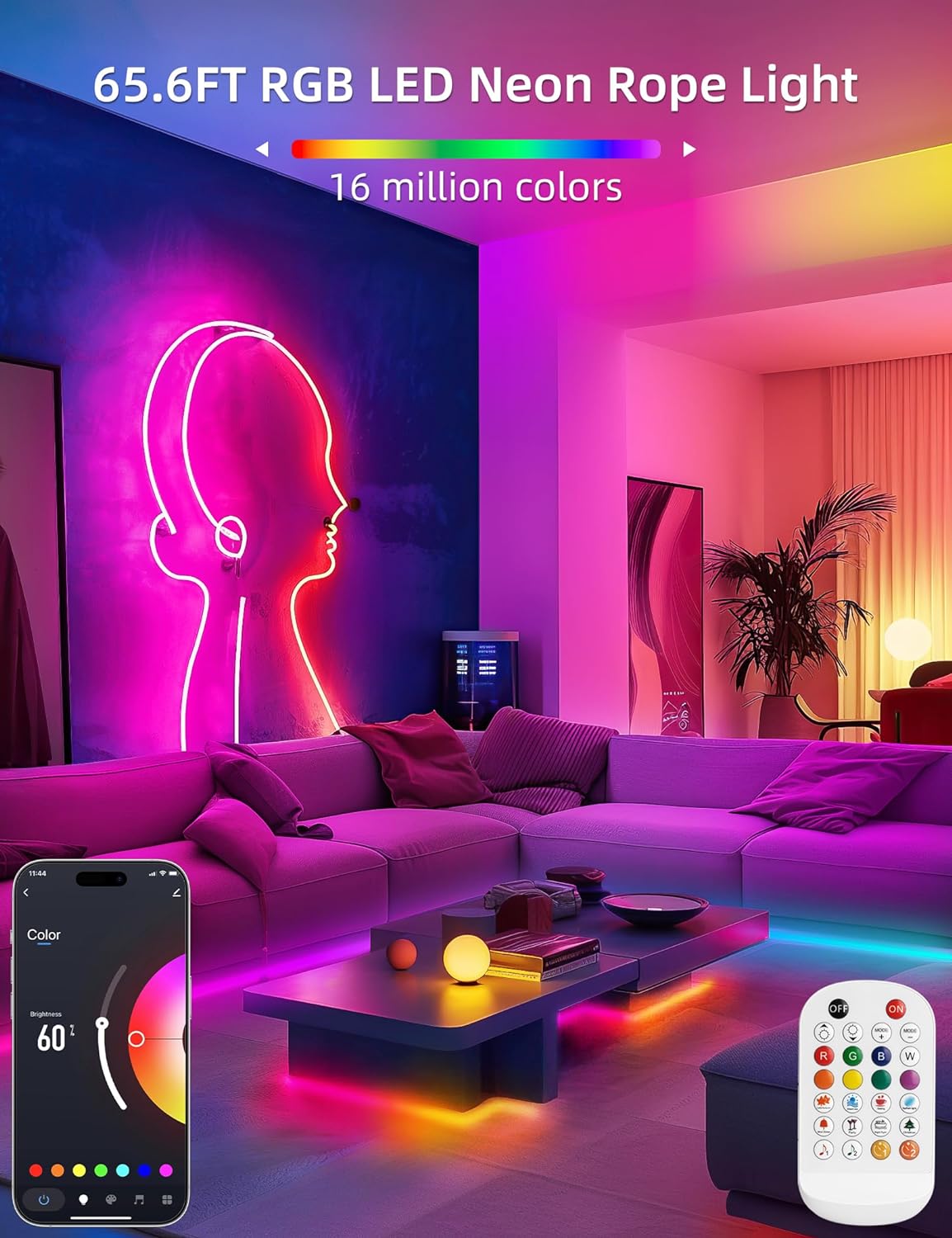 SLNR04 Tira de luces LED de neón RGB con Bluetooth, COB inteligente sin puntos, CC de 24 V, 2,2 W/pie, IP65, para exteriores, regulable, de silicona de bajo voltaje, con clips y tornillos de montaje