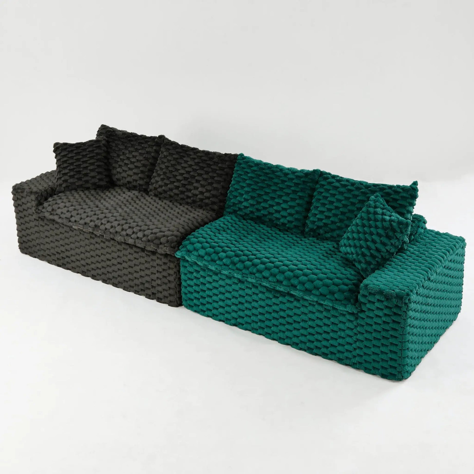 Multifunctional sofa with dark gray and teal woven cushions, stationary living room seating on Tampa Home & Garden Store