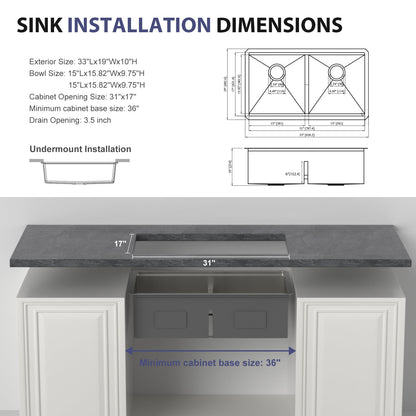 33 Inch Double Bowl And Undermount Stainless Sink
