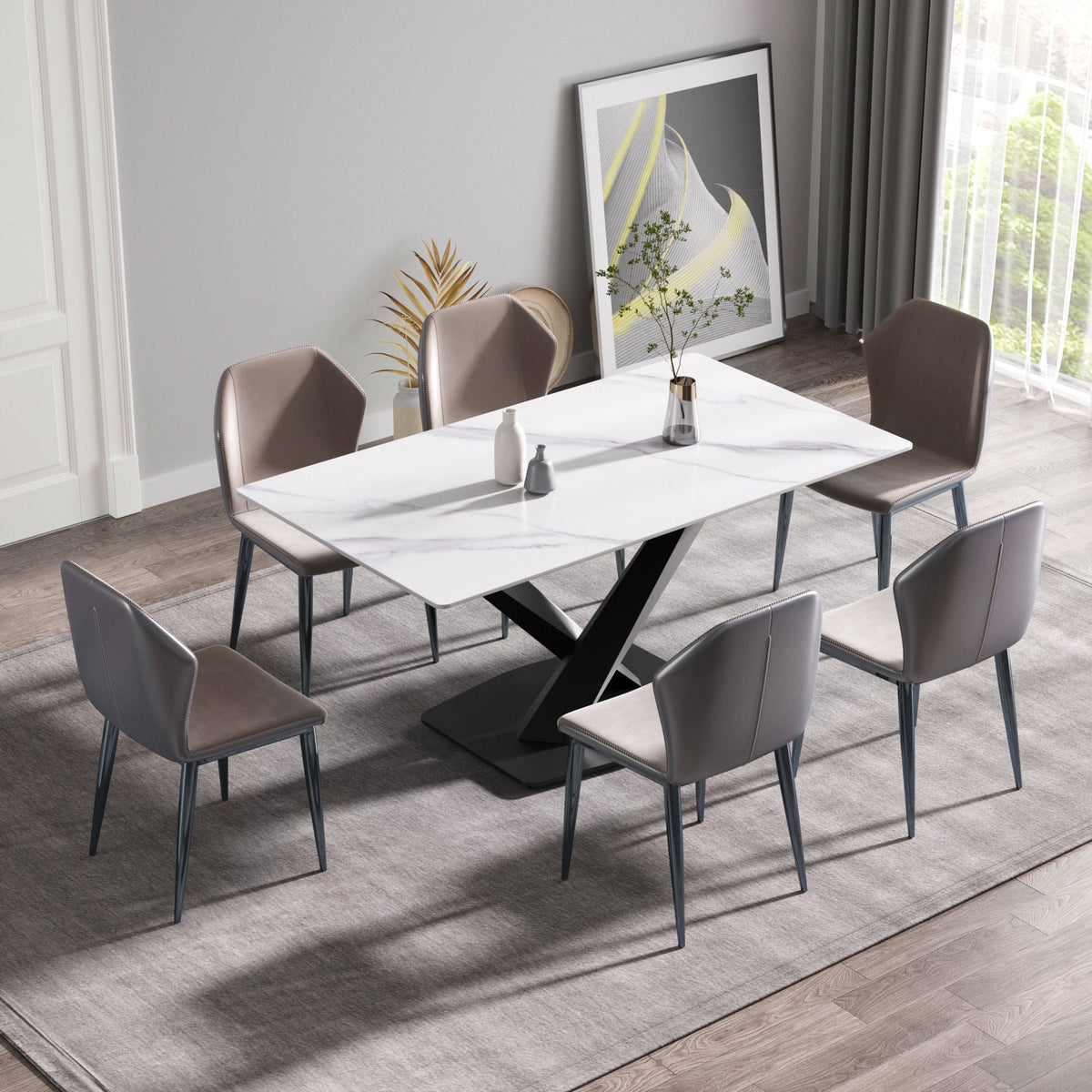 White artificial stone dining table with black X-leg base and six taupe chairs on Tampa Home & Garden Store