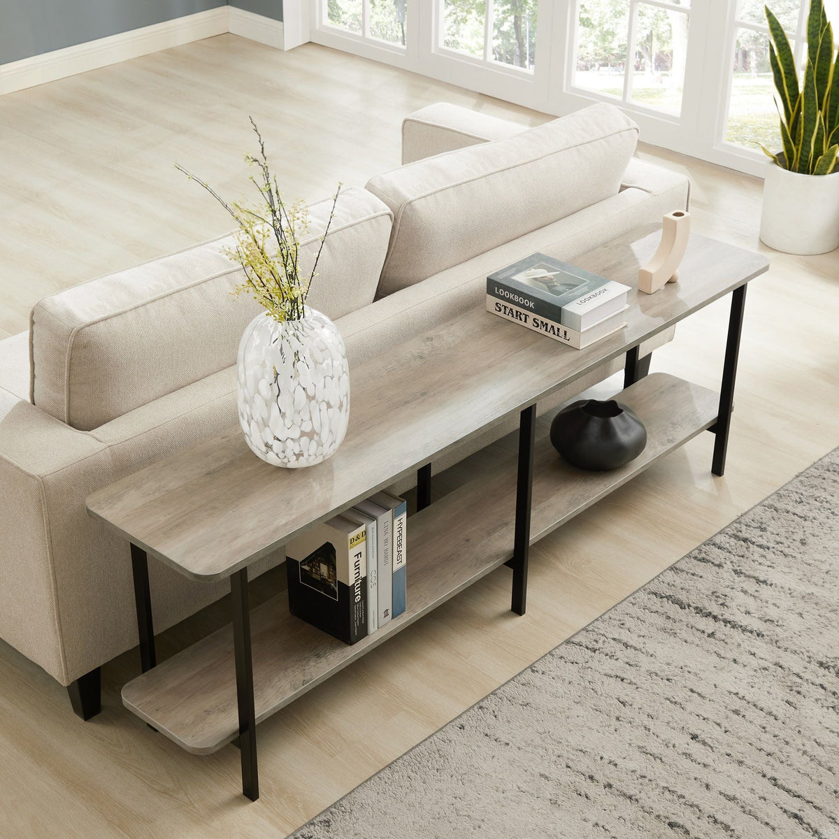 Celine 2-Shelf Console Table with gray wood finish and black legs on Tampa Home & Garden Store