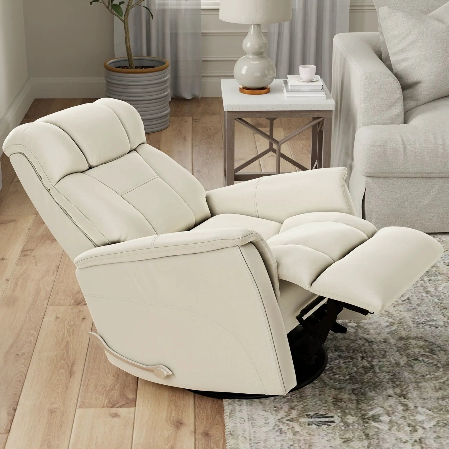 Bentley swivel glider recliner in beige leather with manual headrest and footrest on Tampa Home & Garden Store