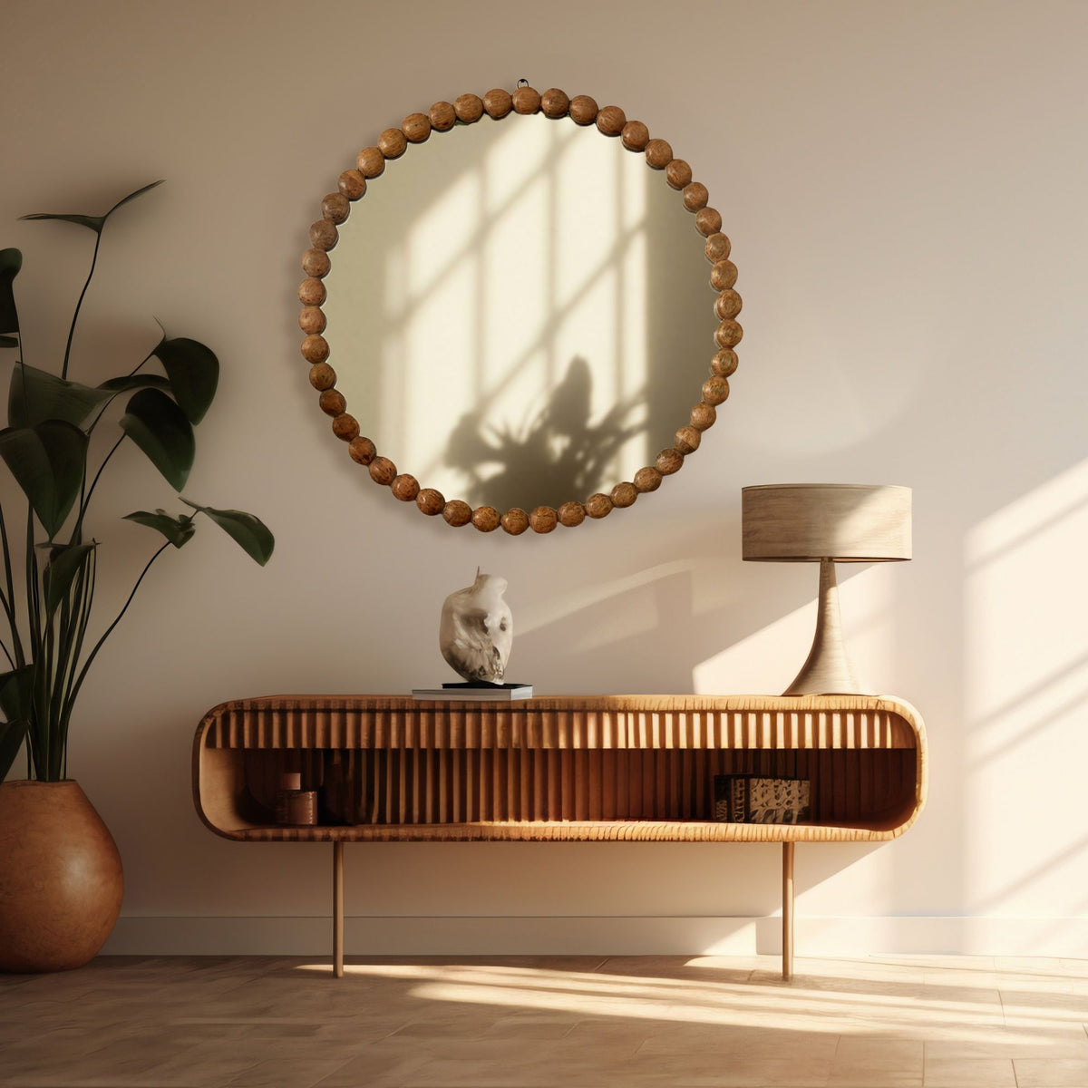Decorative round wall mirror with bead design frame in natural wood on Tampa Home & Garden Store
