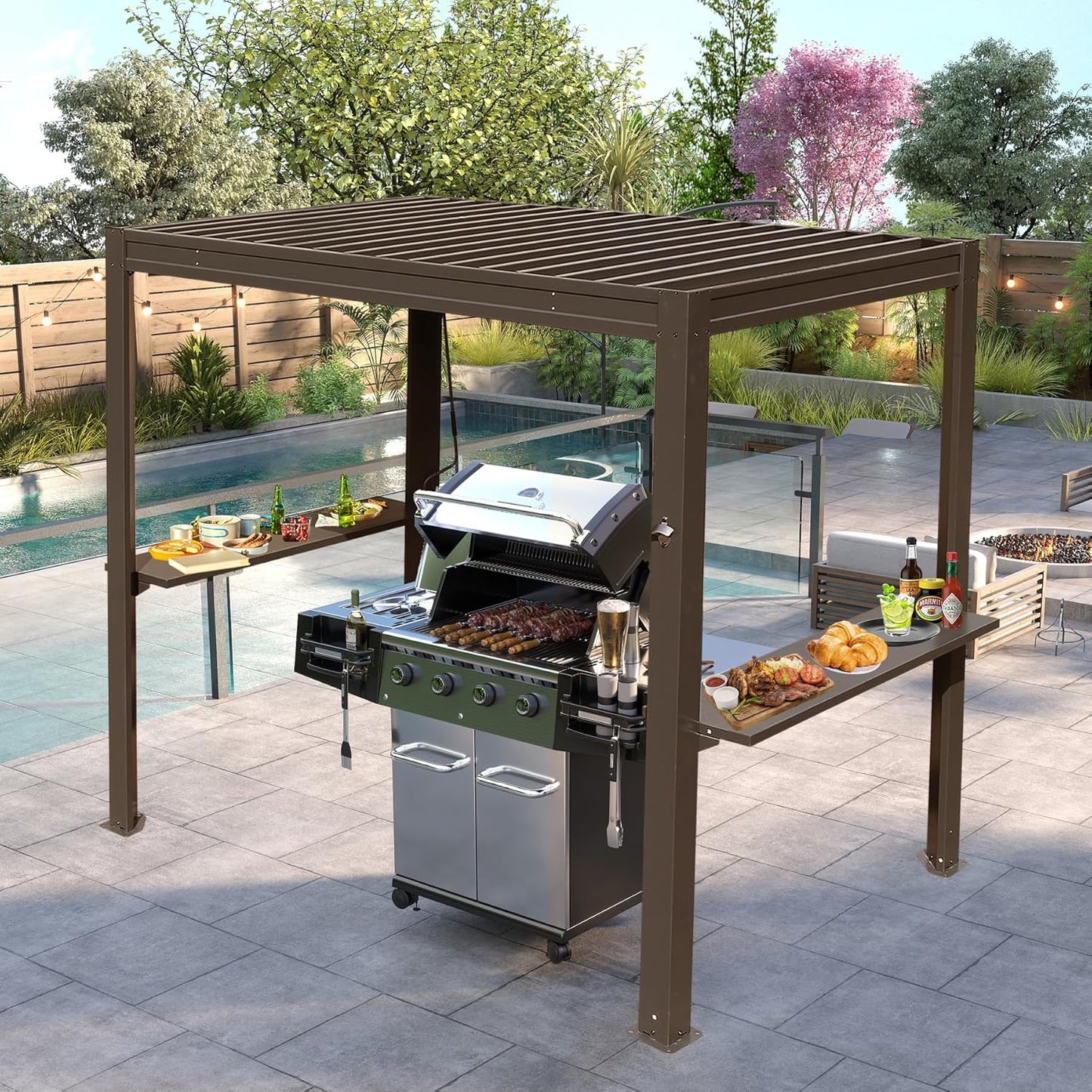8x5 Ft Metal Grill Pergola with Adjustable Roof