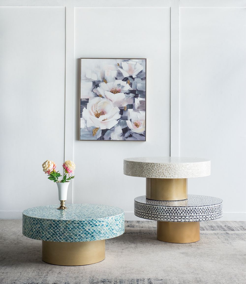 Capiz coffee tables with pedestal bases in blue mosaic and white finishes by HouseOfZazla on Tampa Home & Garden Store