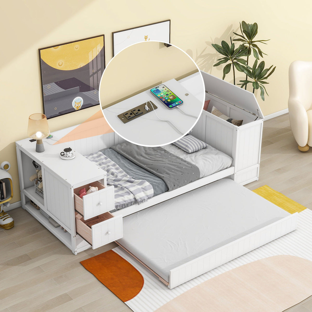 Daybed with storage arms, trundle and charging station, white wood HouseOfZazla on Tampa Home & Garden Store