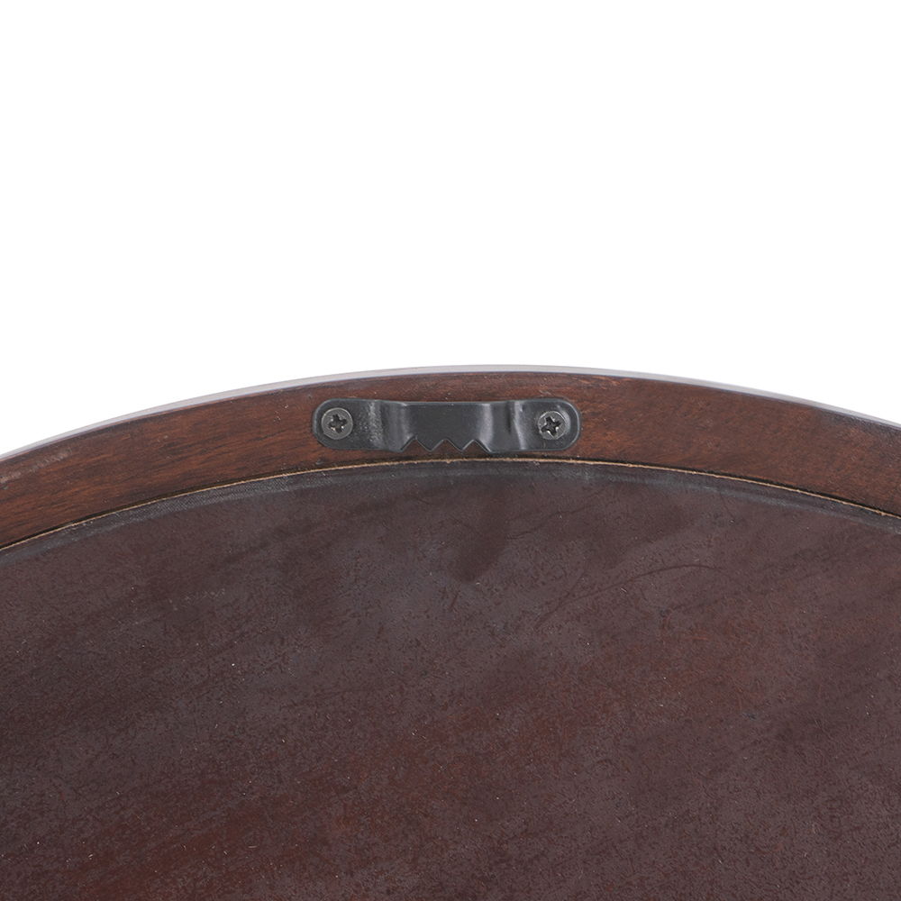 Circle wall mirror with brown wooden frame and metal sawtooth hanger on Tampa Home & Garden Store
