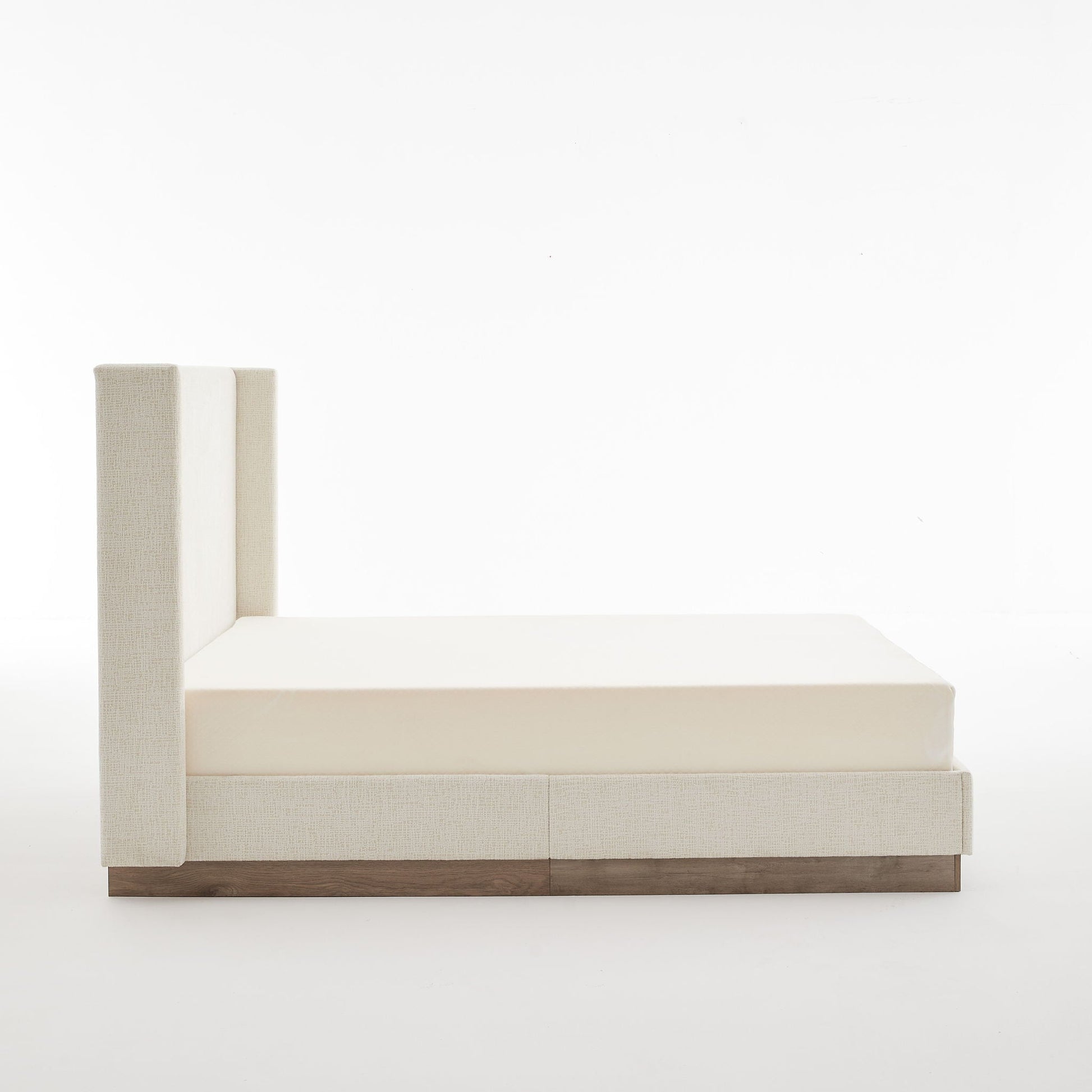 Hosford upholstered wingback bed by HouseOfZazla with beige fabric and dark wood base on Tampa Home & Garden Store