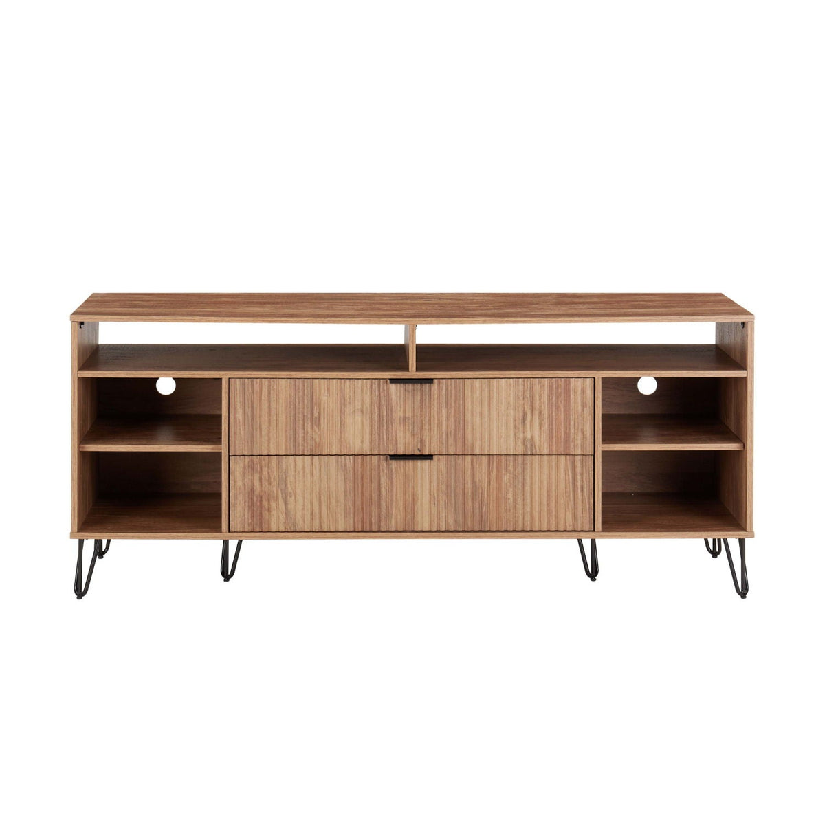 Fluted TV stand with storage and metal hairpin legs in oak veneer by HouseOfZazla on Tampa Home & Garden Store