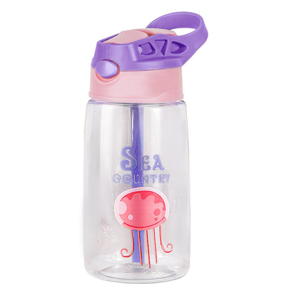 16.2oz leak-proof kids water bottle with straw, pink body and purple lid with jellyfish design on Tampa Home & Garden Store