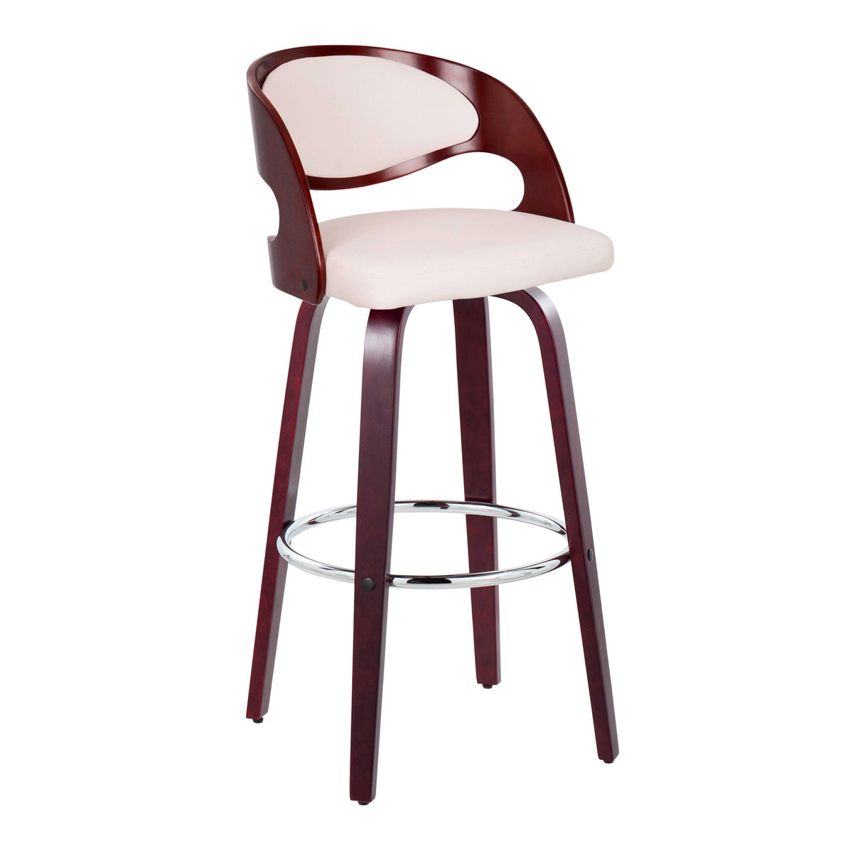 Mid-Century Modern barstool with swivel footrest, dark wood frame and cream seat on Tampa Home & Garden Store