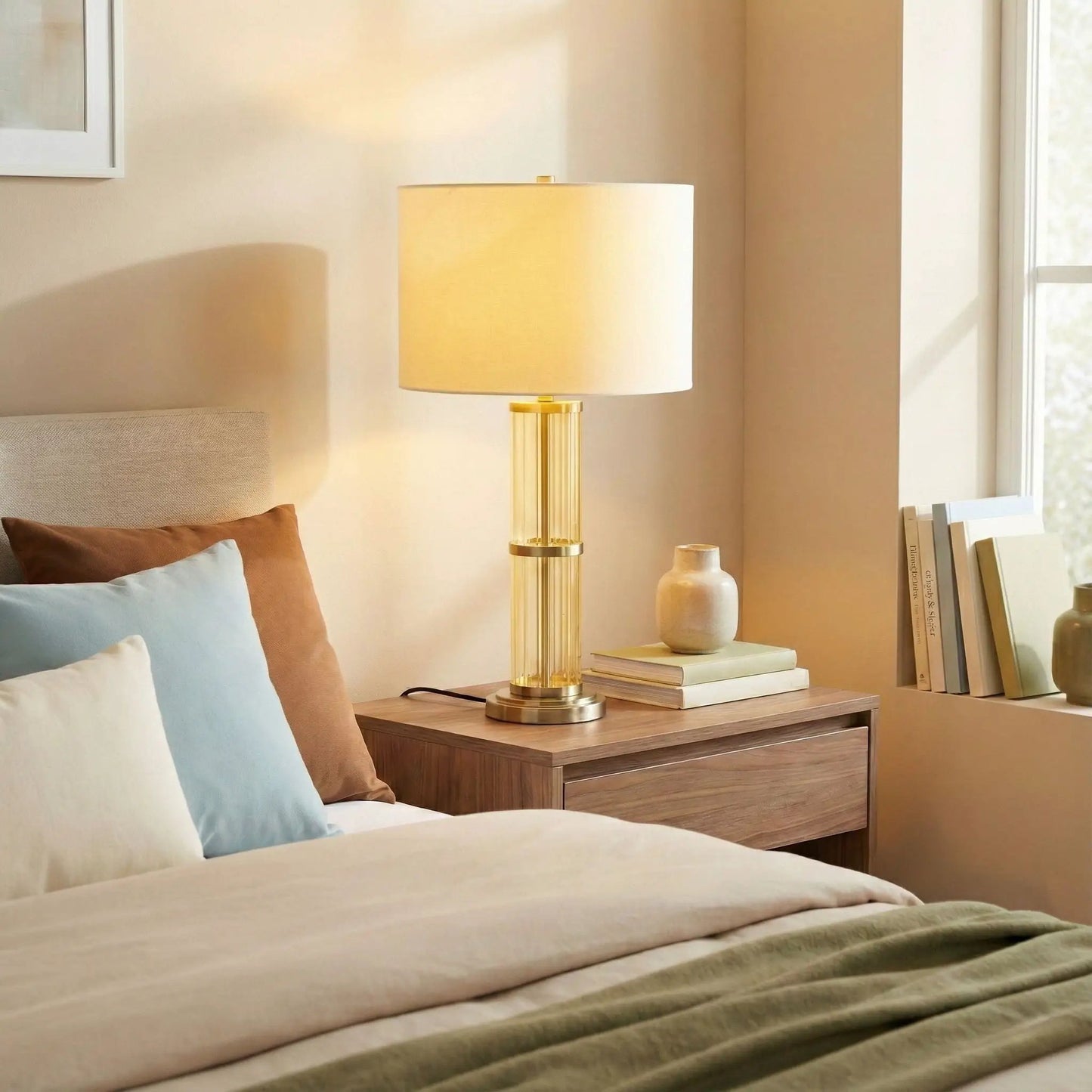 Echo table lamp with clear glass body gold base white lampshade and switch on bedside table on Tampa Home & Garden Store