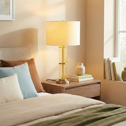 Echo table lamp with clear glass body gold base white lampshade and switch on bedside table on Tampa Home & Garden Store