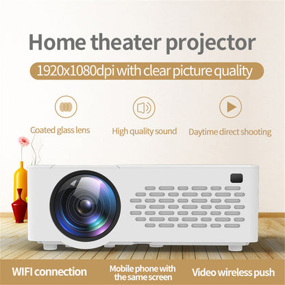 Home mini portable projector white body with large front lens on wood floor on Tampa Home & Garden Store