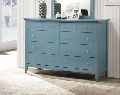 Dresser in blue with nine drawers and silver knobs, topped with decorative vases and a mirror on Tampa Home & Garden Store
