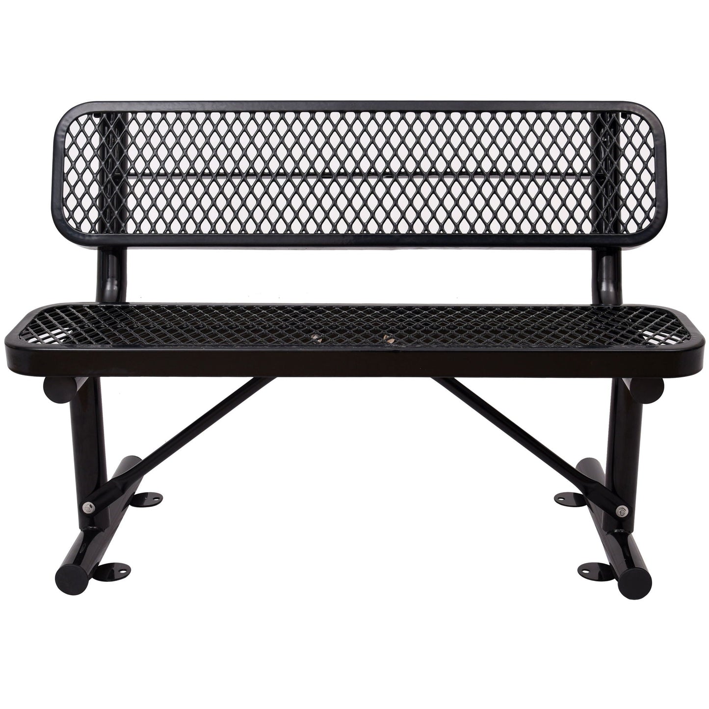 6' Outdoor Steel Bench With Backrest HouseOfZazla; black metal frame with diamond mesh back and seat on Tampa Home & Garden Store