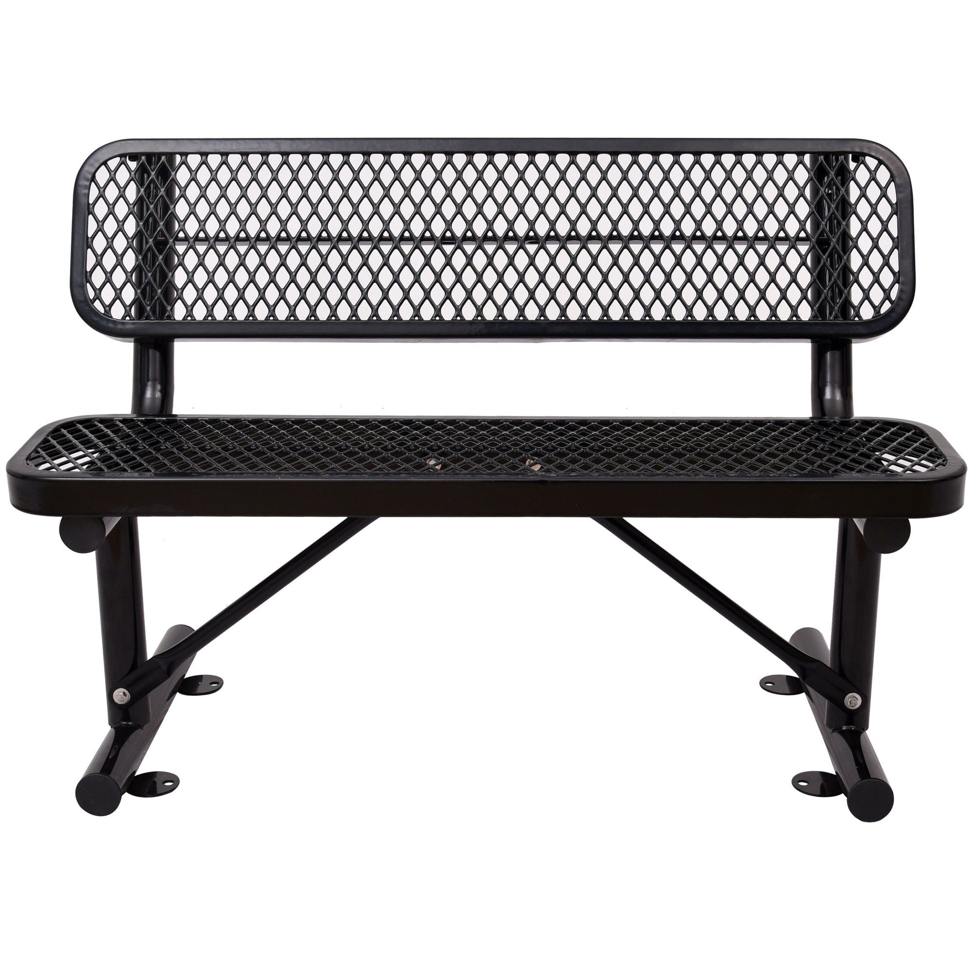 6' Outdoor Steel Bench With Backrest HouseOfZazla; black metal frame with diamond mesh back and seat on Tampa Home & Garden Store