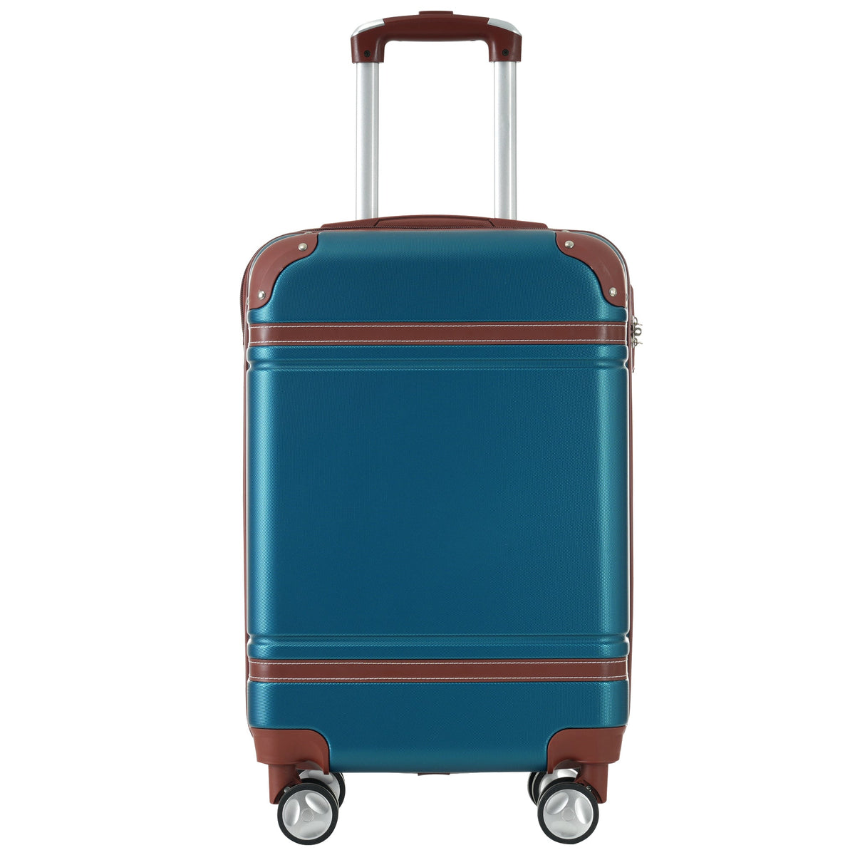 GigaTech hardshell 28-inch blue suitcase with brown trim and silver telescoping handle on Tampa Home & Garden Store