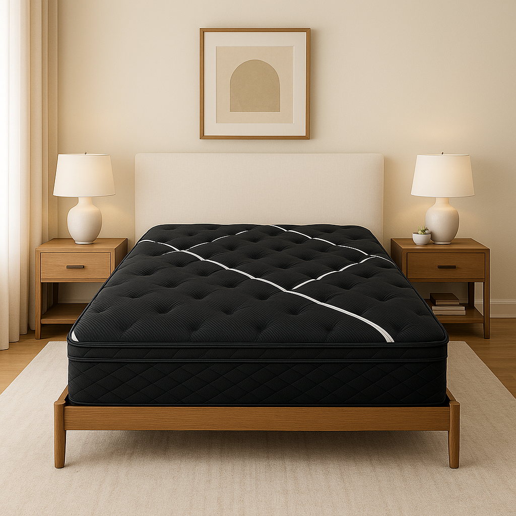 Restonic ComfortCare Hybrid Heartland Plush Twin Mattress on a bed with black tufting on Tampa Home & Garden Store